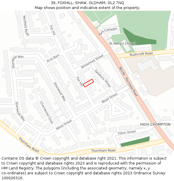 39, FOXHILL, SHAW, OLDHAM, OL2 7NQ: Location map and indicative extent of plot