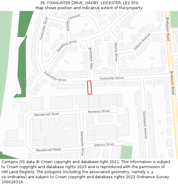 39, FOXHUNTER DRIVE, OADBY, LEICESTER, LE2 5FG: Location map and indicative extent of plot