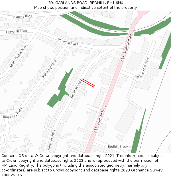 39, GARLANDS ROAD, REDHILL, RH1 6NX: Location map and indicative extent of plot