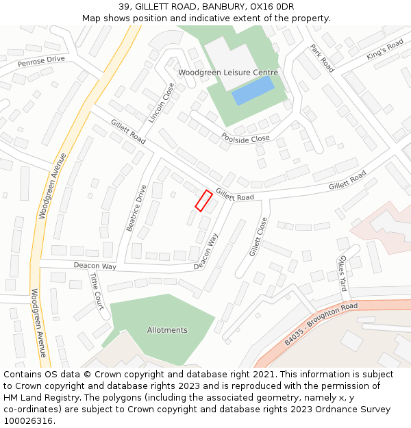 39, GILLETT ROAD, BANBURY, OX16 0DR: Location map and indicative extent of plot