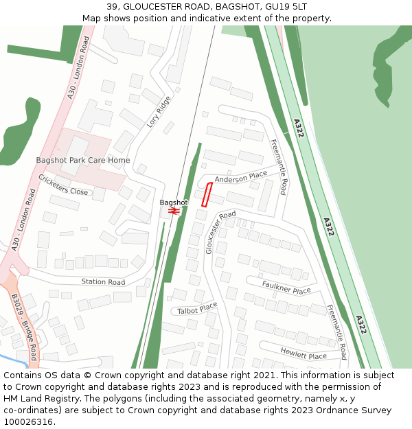 39, GLOUCESTER ROAD, BAGSHOT, GU19 5LT: Location map and indicative extent of plot