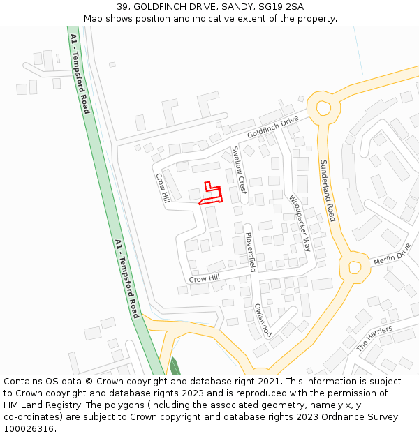 39, GOLDFINCH DRIVE, SANDY, SG19 2SA: Location map and indicative extent of plot