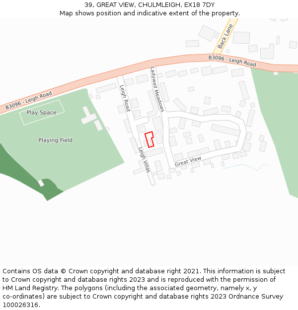 39, GREAT VIEW, CHULMLEIGH, EX18 7DY: Location map and indicative extent of plot