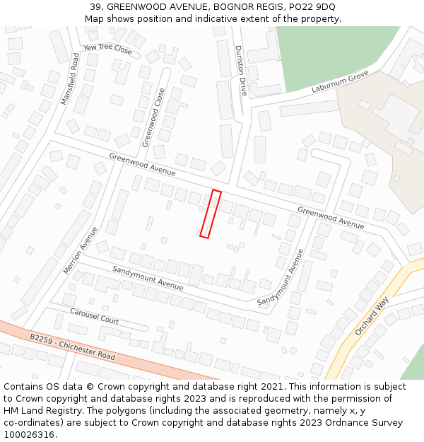 39, GREENWOOD AVENUE, BOGNOR REGIS, PO22 9DQ: Location map and indicative extent of plot