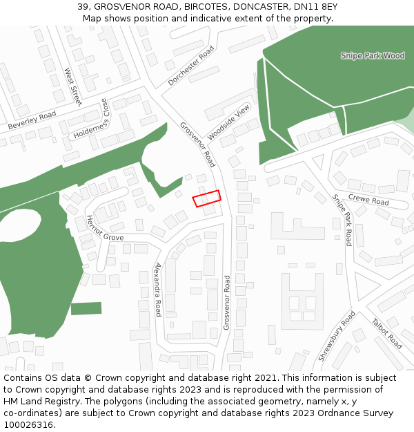 39, GROSVENOR ROAD, BIRCOTES, DONCASTER, DN11 8EY: Location map and indicative extent of plot