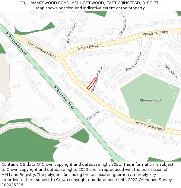 39, HAMMERWOOD ROAD, ASHURST WOOD, EAST GRINSTEAD, RH19 3TH: Location map and indicative extent of plot