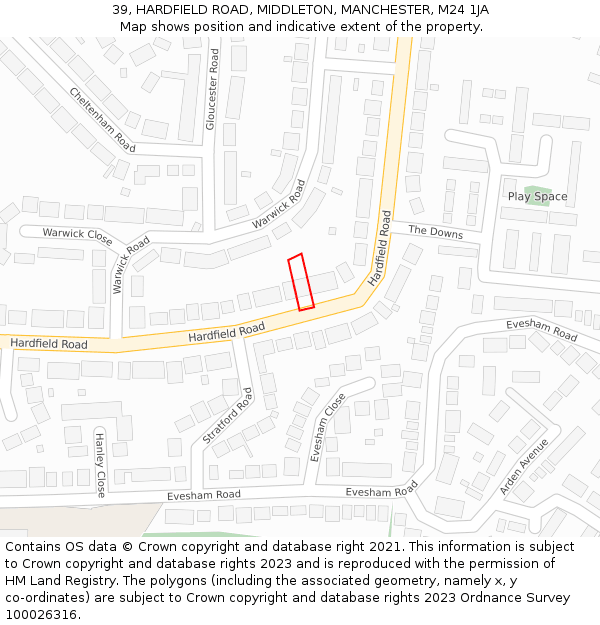 39, HARDFIELD ROAD, MIDDLETON, MANCHESTER, M24 1JA: Location map and indicative extent of plot