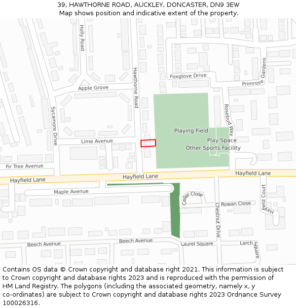 39, HAWTHORNE ROAD, AUCKLEY, DONCASTER, DN9 3EW: Location map and indicative extent of plot