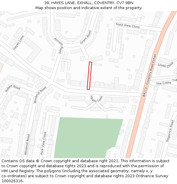 39, HAYES LANE, EXHALL, COVENTRY, CV7 9BN: Location map and indicative extent of plot