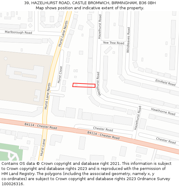 39, HAZELHURST ROAD, CASTLE BROMWICH, BIRMINGHAM, B36 0BH: Location map and indicative extent of plot