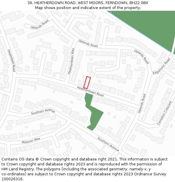 39, HEATHERDOWN ROAD, WEST MOORS, FERNDOWN, BH22 0BX: Location map and indicative extent of plot