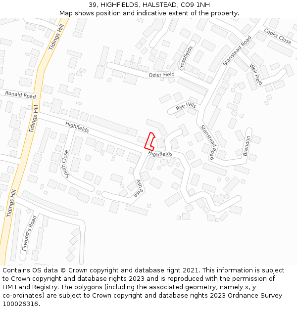 39, HIGHFIELDS, HALSTEAD, CO9 1NH: Location map and indicative extent of plot