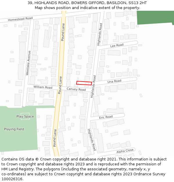 39, HIGHLANDS ROAD, BOWERS GIFFORD, BASILDON, SS13 2HT: Location map and indicative extent of plot