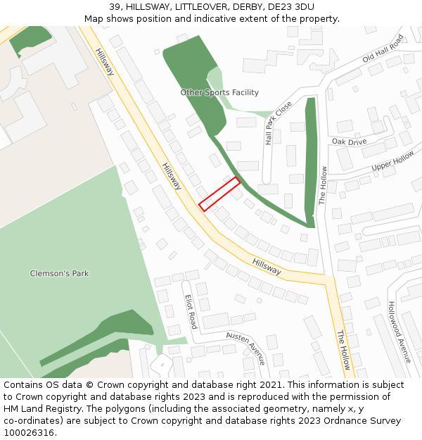 39, HILLSWAY, LITTLEOVER, DERBY, DE23 3DU: Location map and indicative extent of plot