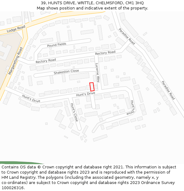 39, HUNTS DRIVE, WRITTLE, CHELMSFORD, CM1 3HQ: Location map and indicative extent of plot