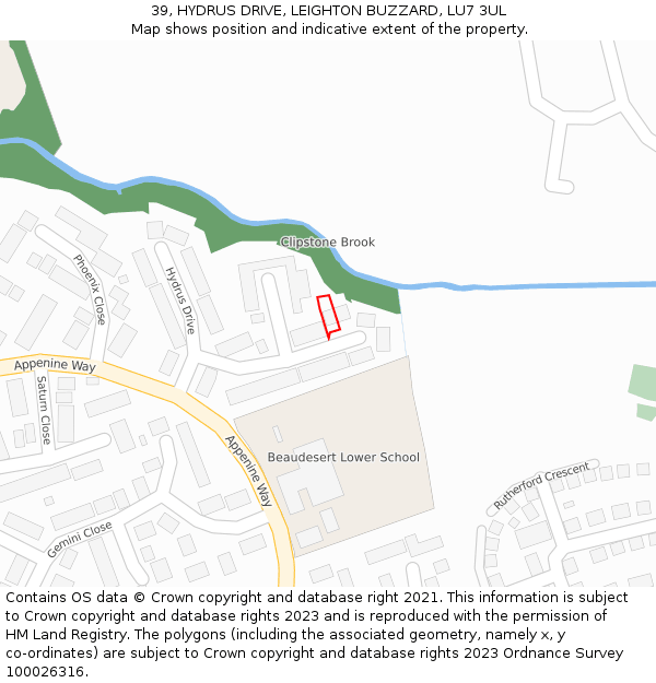 39, HYDRUS DRIVE, LEIGHTON BUZZARD, LU7 3UL: Location map and indicative extent of plot