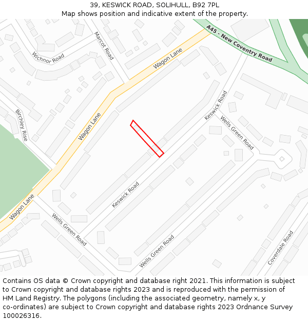 39, KESWICK ROAD, SOLIHULL, B92 7PL: Location map and indicative extent of plot