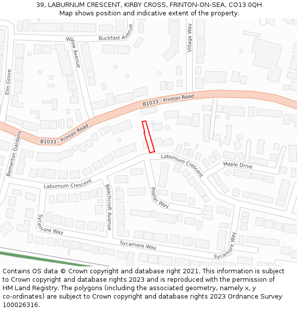 39, LABURNUM CRESCENT, KIRBY CROSS, FRINTON-ON-SEA, CO13 0QH: Location map and indicative extent of plot