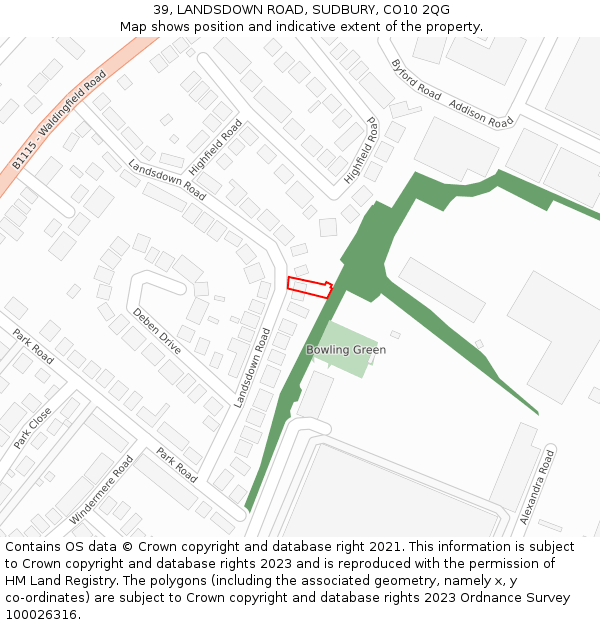 39, LANDSDOWN ROAD, SUDBURY, CO10 2QG: Location map and indicative extent of plot