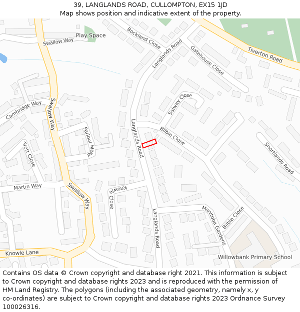 39, LANGLANDS ROAD, CULLOMPTON, EX15 1JD: Location map and indicative extent of plot