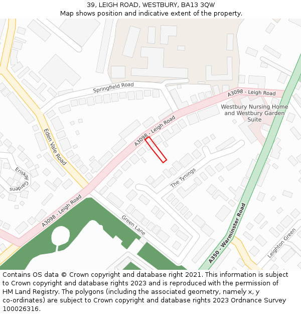 39, LEIGH ROAD, WESTBURY, BA13 3QW: Location map and indicative extent of plot