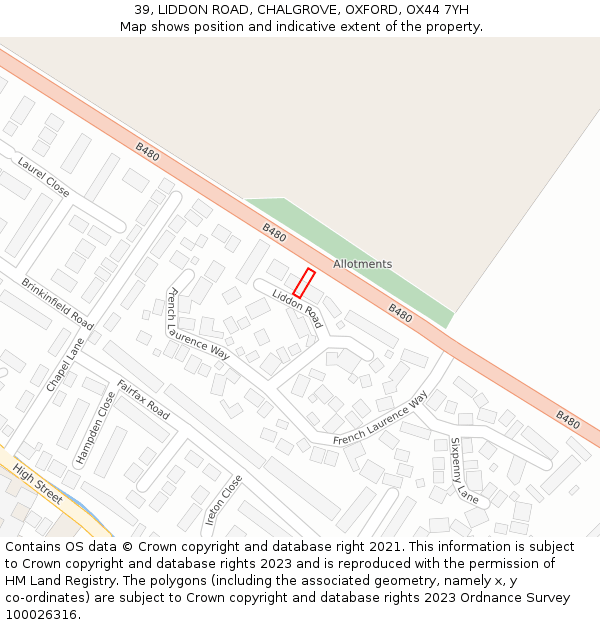 39, LIDDON ROAD, CHALGROVE, OXFORD, OX44 7YH: Location map and indicative extent of plot