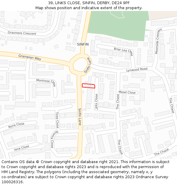 39, LINKS CLOSE, SINFIN, DERBY, DE24 9PF: Location map and indicative extent of plot