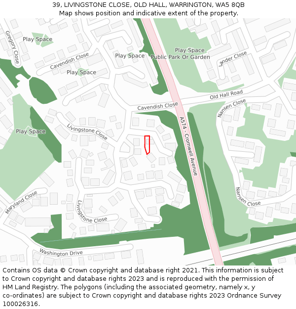 39, LIVINGSTONE CLOSE, OLD HALL, WARRINGTON, WA5 8QB: Location map and indicative extent of plot