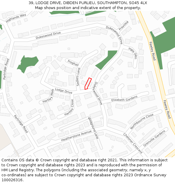 39, LODGE DRIVE, DIBDEN PURLIEU, SOUTHAMPTON, SO45 4LX: Location map and indicative extent of plot