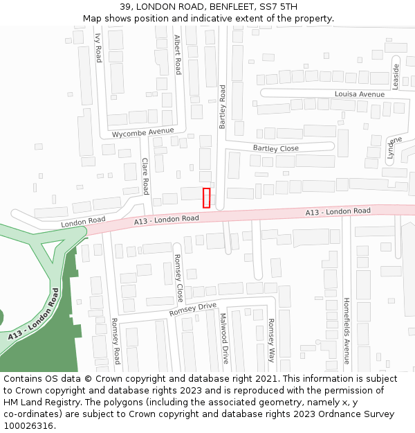 39, LONDON ROAD, BENFLEET, SS7 5TH: Location map and indicative extent of plot