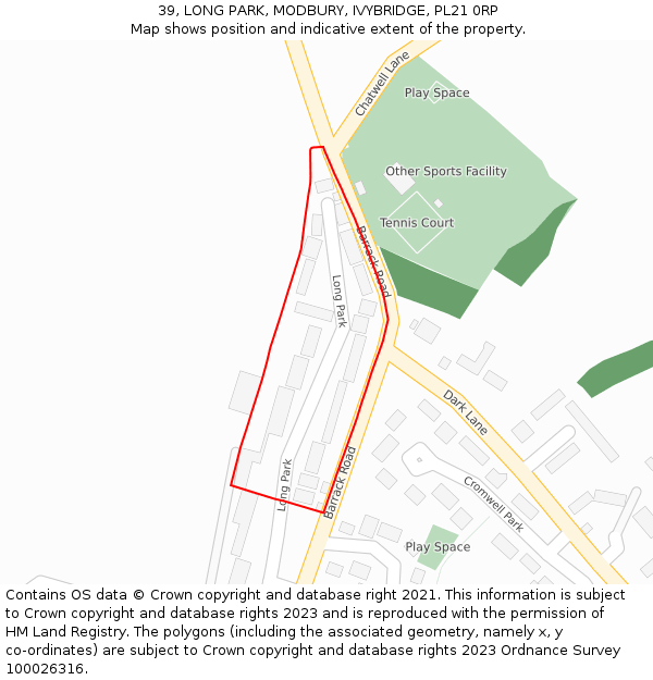 39, LONG PARK, MODBURY, IVYBRIDGE, PL21 0RP: Location map and indicative extent of plot