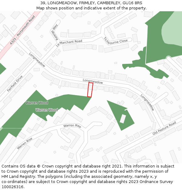 39, LONGMEADOW, FRIMLEY, CAMBERLEY, GU16 8RS: Location map and indicative extent of plot