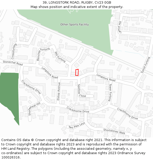 39, LONGSTORK ROAD, RUGBY, CV23 0GB: Location map and indicative extent of plot