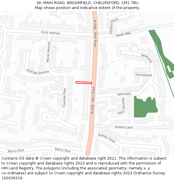 39, MAIN ROAD, BROOMFIELD, CHELMSFORD, CM1 7BU: Location map and indicative extent of plot