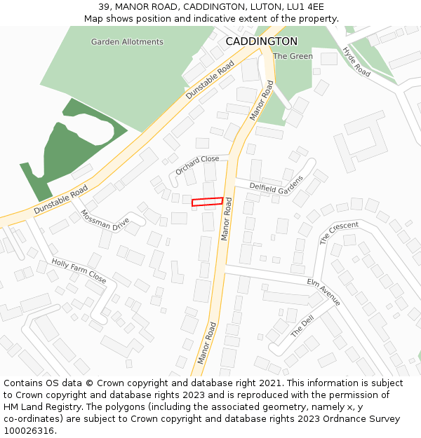 39, MANOR ROAD, CADDINGTON, LUTON, LU1 4EE: Location map and indicative extent of plot