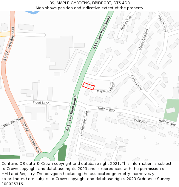 39, MAPLE GARDENS, BRIDPORT, DT6 4DR: Location map and indicative extent of plot