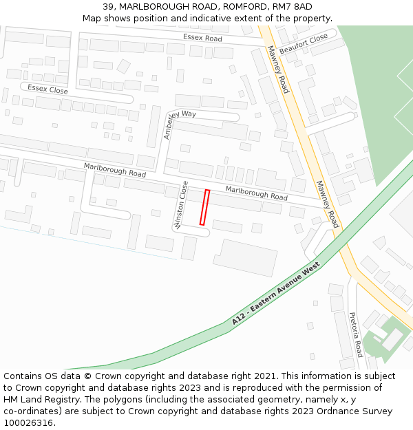 39, MARLBOROUGH ROAD, ROMFORD, RM7 8AD: Location map and indicative extent of plot