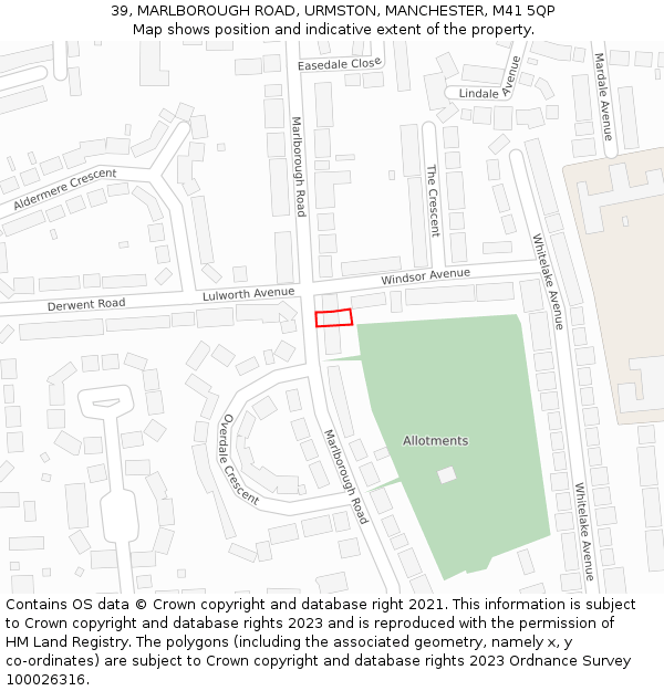 39, MARLBOROUGH ROAD, URMSTON, MANCHESTER, M41 5QP: Location map and indicative extent of plot