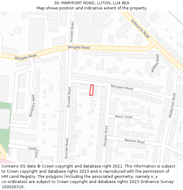 39, MARYPORT ROAD, LUTON, LU4 8EA: Location map and indicative extent of plot