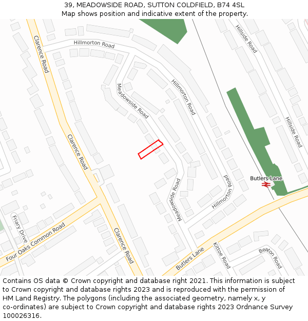 39, MEADOWSIDE ROAD, SUTTON COLDFIELD, B74 4SL: Location map and indicative extent of plot