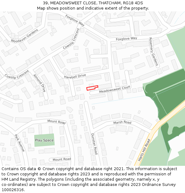 39, MEADOWSWEET CLOSE, THATCHAM, RG18 4DS: Location map and indicative extent of plot