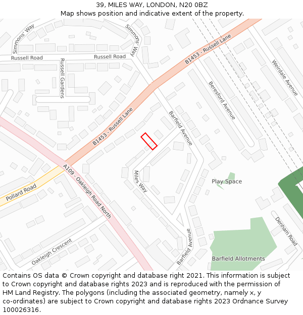 39, MILES WAY, LONDON, N20 0BZ: Location map and indicative extent of plot