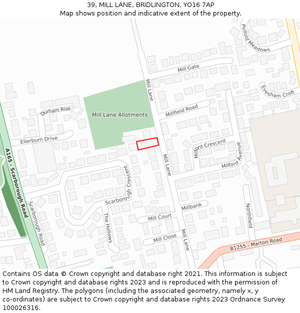 39, MILL LANE, BRIDLINGTON, YO16 7AP: Location map and indicative extent of plot