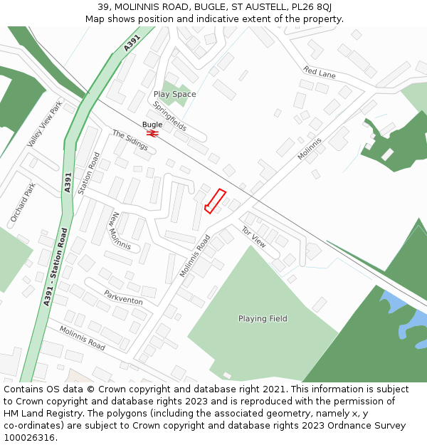 39, MOLINNIS ROAD, BUGLE, ST AUSTELL, PL26 8QJ: Location map and indicative extent of plot