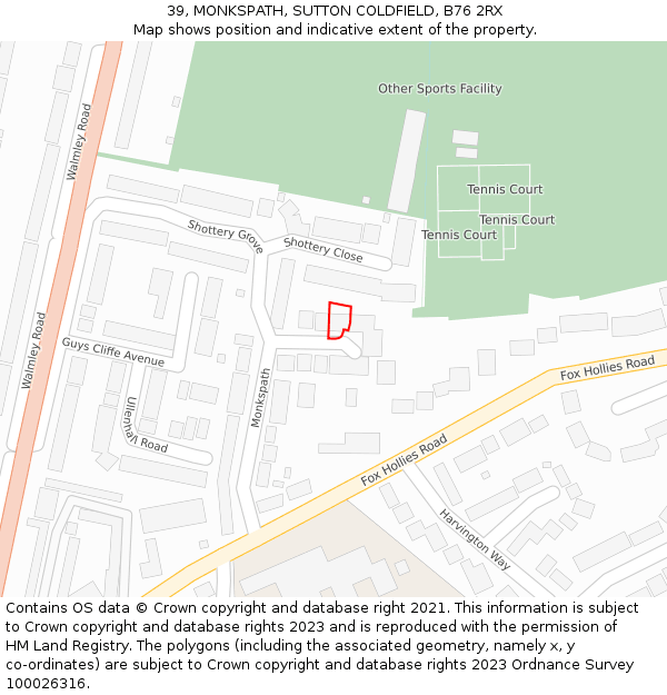 39, MONKSPATH, SUTTON COLDFIELD, B76 2RX: Location map and indicative extent of plot