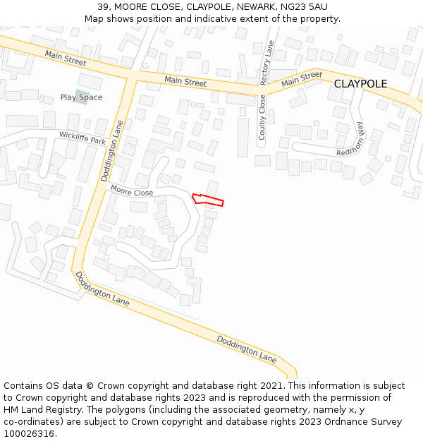 39, MOORE CLOSE, CLAYPOLE, NEWARK, NG23 5AU: Location map and indicative extent of plot