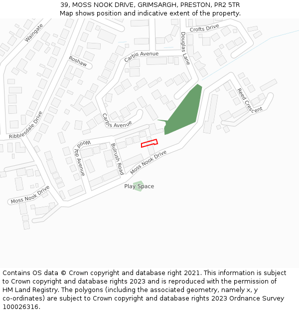 39, MOSS NOOK DRIVE, GRIMSARGH, PRESTON, PR2 5TR: Location map and indicative extent of plot