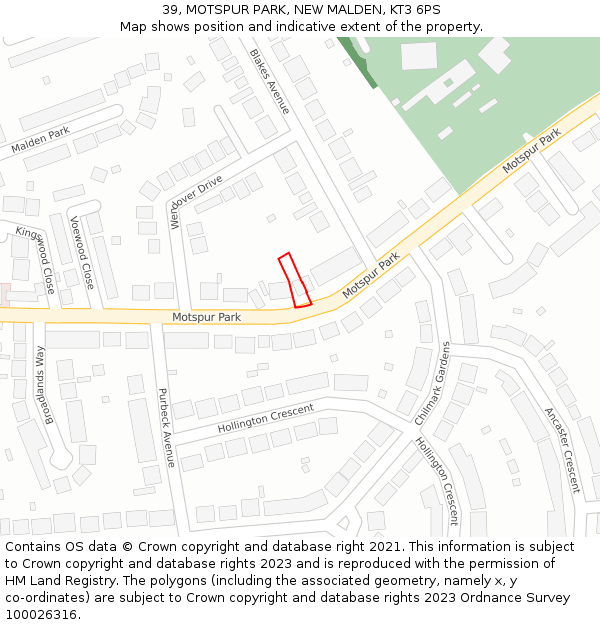 39, MOTSPUR PARK, NEW MALDEN, KT3 6PS: Location map and indicative extent of plot