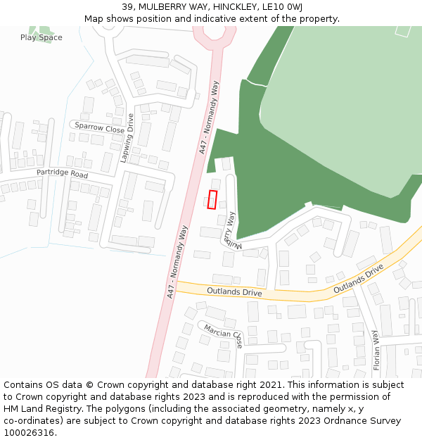 39, MULBERRY WAY, HINCKLEY, LE10 0WJ: Location map and indicative extent of plot