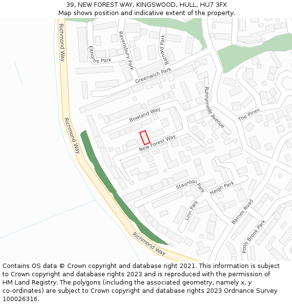 39, NEW FOREST WAY, KINGSWOOD, HULL, HU7 3FX: Location map and indicative extent of plot